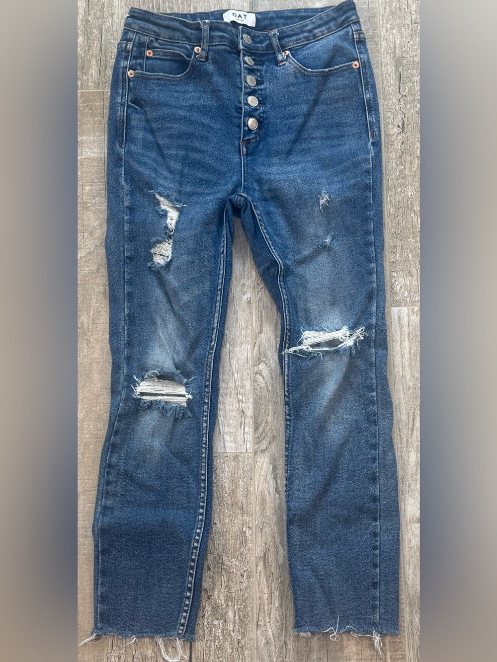OAT of New York Distressed High-Rise Button Fly Skinny Blue Women's Jeans